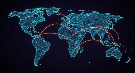 Global communication network concept with glowing lines connecting continents on a futuristic digital world map visualization