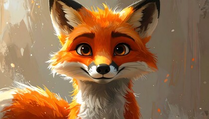 Cute cartoon fox smiling, portrait of a happy animal in an illustrative style