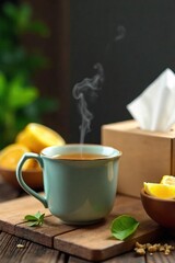 Steaming Herbal Tea, Lemons, and Tissues Rustic Home Remedy Scene for Cold and Flu Season