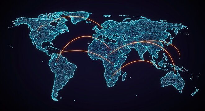 Global communication network concept with glowing lines connecting continents on a futuristic digital world map visualization