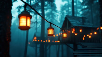 Fototapeta premium Illuminating enchanted treehouse village at dusk nature retreat photography warm glow serene forest atmosphere