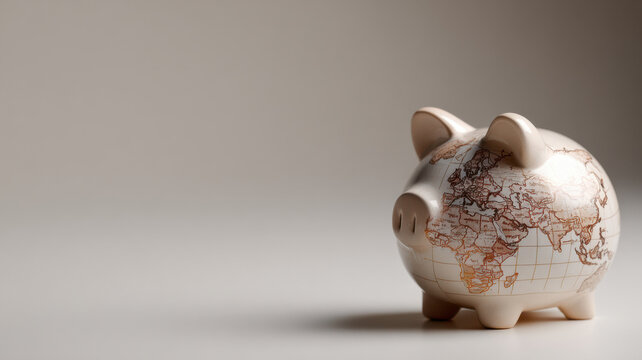 A piggy bank representing global savings and financial security, with the map of world on the surface