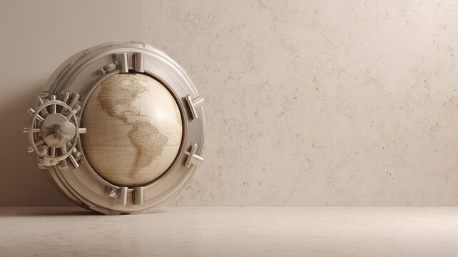 A globe secured inside a bank vault, symbolizing financial security and global stability