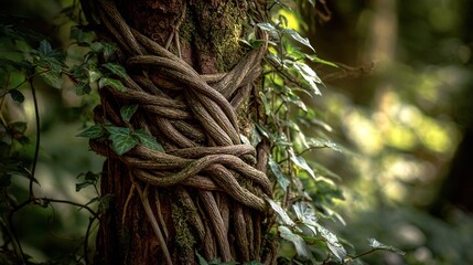 Naklejka premium constraint. A tree trunk bound by thick vines in a forest, sunlight filtering through leaves. gardening catalogs, home-decor guides, designed for gardening and botanical catalogs.