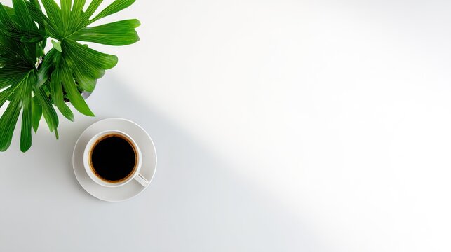 executive. Minimalist workspace with coffee cup and greenery, showcasing simplicity and productivity from above. lifestyle magazines.
