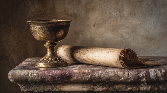 scroll. A classical kylix cup and an open scroll on a weathered marble pedestal. event programs, museum guides, designed for cultural heritage projects and event programs, supports education.