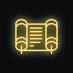 Naklejka premium Neon yellow icon of an ancient scroll glowing on a black background, representing history, literature, and ancient knowledge