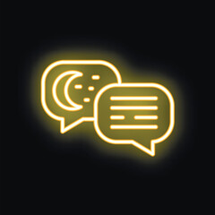 Yellow neon icon representing a night chat with a crescent moon and stars on a speech bubble