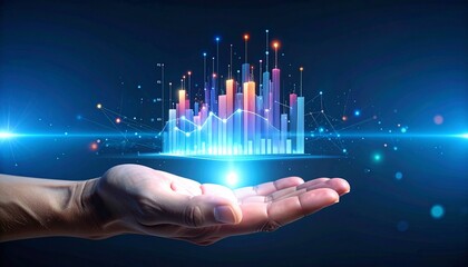 Human palm displaying floating 3D area chart
