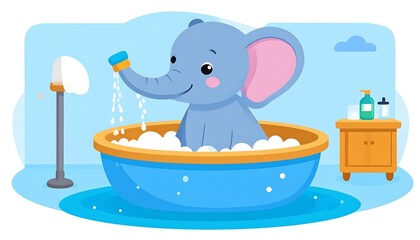 Cute cartoon illustration of a baby elephant taking a bath in the bathtub