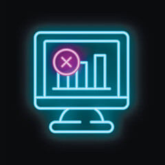 Neon computer icon is glowing, showing a declining bar graph and a prominent error symbol, representing financial loss or data analysis problems