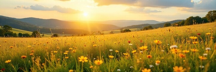 Golden Sunlight Bathes Serene Ranch Meadow Wildflowers, Rolling Hills, Idyllic Rural Landscape Perfect for Peaceful Backgrounds and  Illustrating Country Life