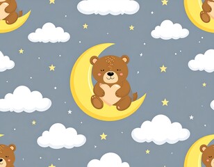 Cute cartoon illustration of a bear sitting on the moon with clouds and stars