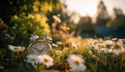 Vintage alarm clock placed among blooming daisies in a sunlit natural garden setting