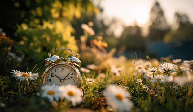 Vintage alarm clock placed among blooming daisies in a sunlit natural garden setting
