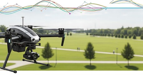 Drone flying over a park with data visualization overlayed, representing aerial technology and data analysis in a natural environment