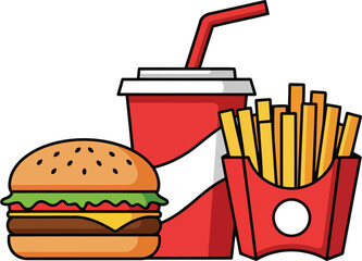 Fast Food Combo Meal Icon Vector Illustration of Burger, French Fries and Drink Cup in Flat Minimal Style for Restaurant Menu, Food Delivery App, Branding Design, Cafe Logo and Street Food Promotion