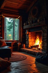 Cozy Cabin Fireplace Embers Glow Warmly, Embracing Sustainable Comfort