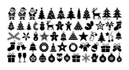 Fototapeta premium Christmas silhouette icon pack with Santa tree bell gift and snowflake