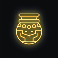Yellow neon sign of traditional african clay pot with geometric ornament glowing on a black background