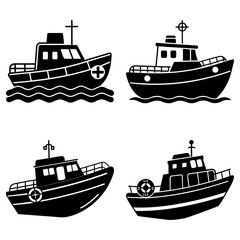 Obraz premium Illustration of four cartoon boats with different designs in black and white on a white background