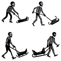 Four skeleton figures pulling sleds in various poses against a white background in a graphic style
