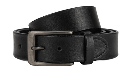 Coiled black leather belt on white