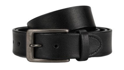 Coiled black leather belt on white