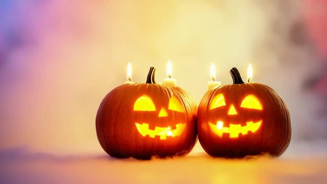 Candle lit Halloween pumpkins glowing in vibrant colors with empty space for festive greetings