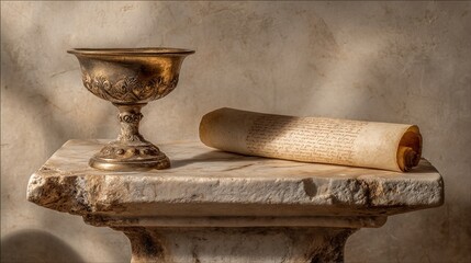 scroll. A classical kylix cup and an open scroll on a weathered marble pedestal. event programs, museum guides, designed for cultural heritage projects and event programs, supports education.