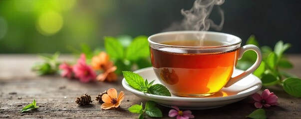 Steaming Herbal Tea with Fresh Herbs and Flowers Relaxing Wellness Ritual