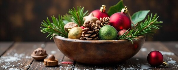 Rustic Wooden Bowl Overflowing with Christmas Ornaments, Pine Cones, and Holly ? Festive Winter Decor