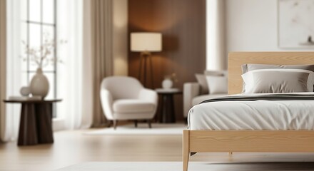 Modern bedroom interior with minimalist design, featuring a wooden bed frame, soft lighting, and neutral color palette