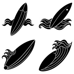 Four black surfboards on stylized waves in a symmetrical arrangement on a white background design element