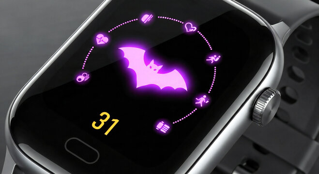 Halloween-themed smartwatch displaying fitness activity data with a glowing bat icon, perfect for spooky season marketing and wearable technology concepts - Powered by Adobe
