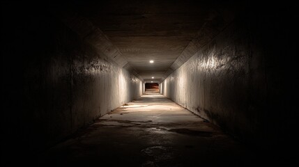 Fototapeta premium passageway. A long dark tunnel with rough concrete walls and a distant point of light. travel magazines, destination branding, designed for outdoor magazines and nature guides.