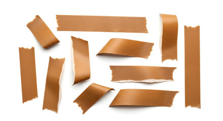 Collection of brown paper tape pieces, arranged on a white surface, isolated on white background