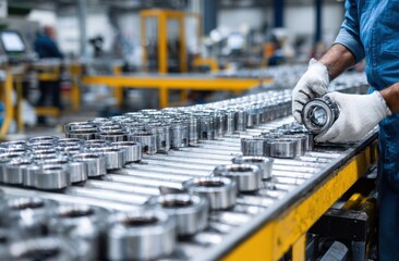 Worker inspecting metal parts on assembly line in a manufacturing factory setting