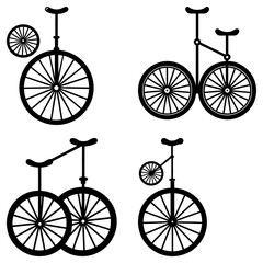 Illustration of four unicycles with different wheel configurations in black and white design style