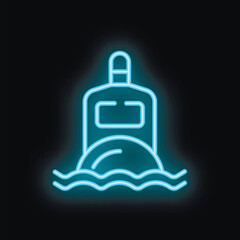 Neon blue buoy floating on the water surface at night, maritime safety and navigation concept