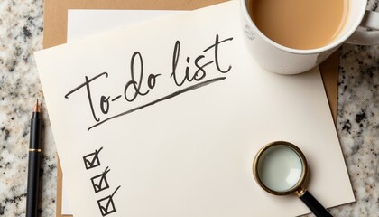 To-do list with checkboxes on marble table beside a cup of coffee  