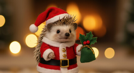 Christmas Festive Hedgehog with Holiday Outfit and Holly Leaves