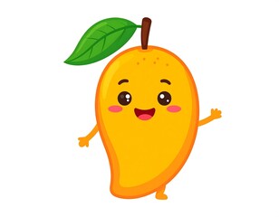 Cute cartoon mango character with a happy face waving hello, fruit concept