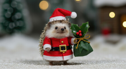 Christmas Adorable Hedgehog Dressed as Santa by Cozy Fireplace