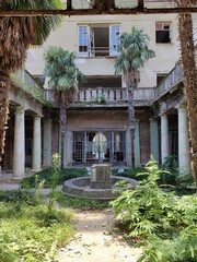 Abandoned courtyard with palm trees and old fountain, overgrown historical ruins