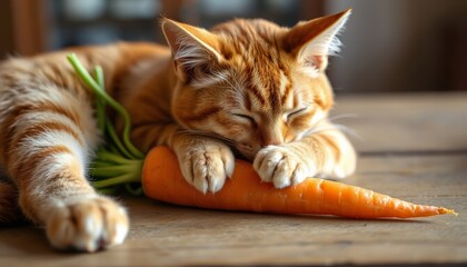 Orange cat sleeping beside fresh carrot on wooden table