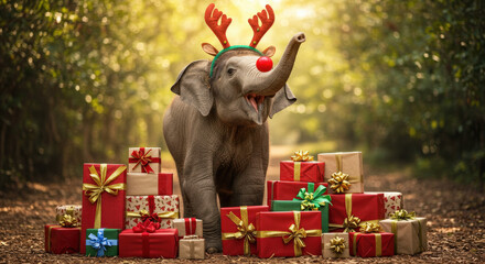 Christmas Baby Elephant Dressed as Rudolph Surrounded by Holiday Gifts