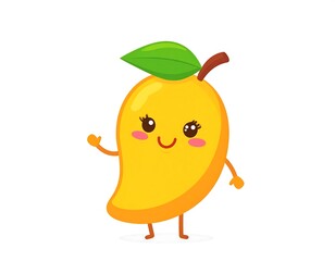 Cute cartoon mango character with smiling face, waving hand on white background