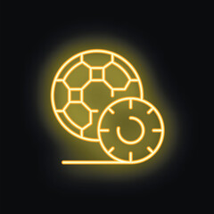 Bright yellow neon icon of a football with a clock, representing football time management