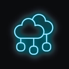 Neon blue cloud computing icon is glowing on a black background, representing data storage and network connectivity